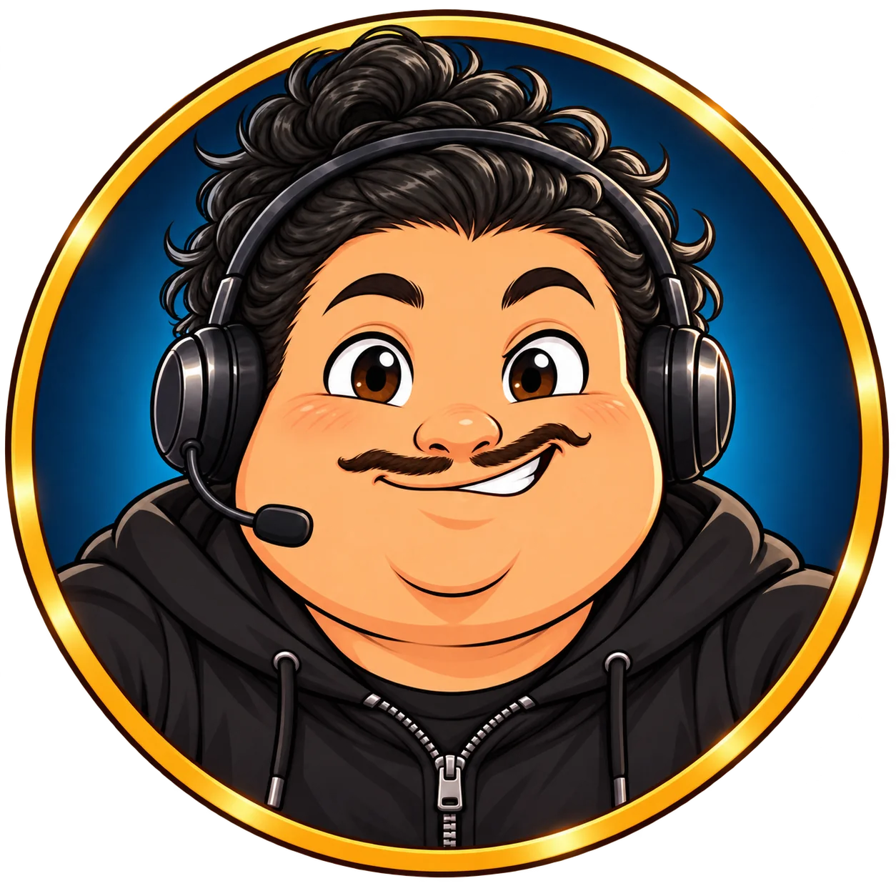 Illustrated Will smiling in a headset, framed by a gold ring