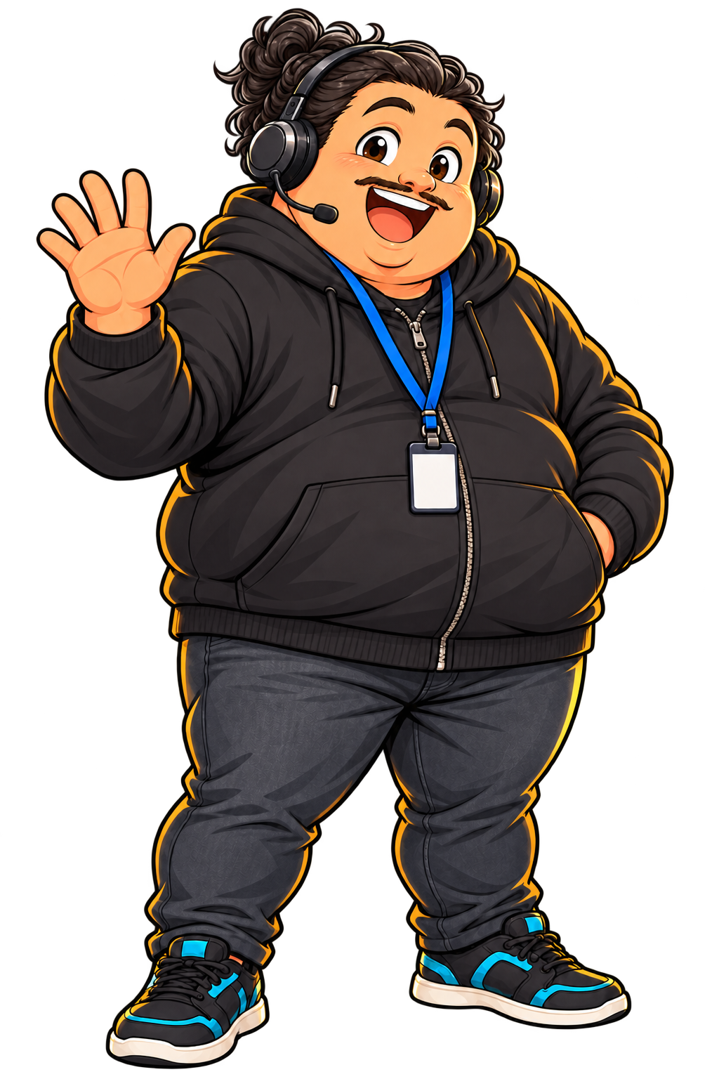 Full-body illustrated Will waving, with dark curly hair, a headset, black hoodie, and blue-accented sneakers